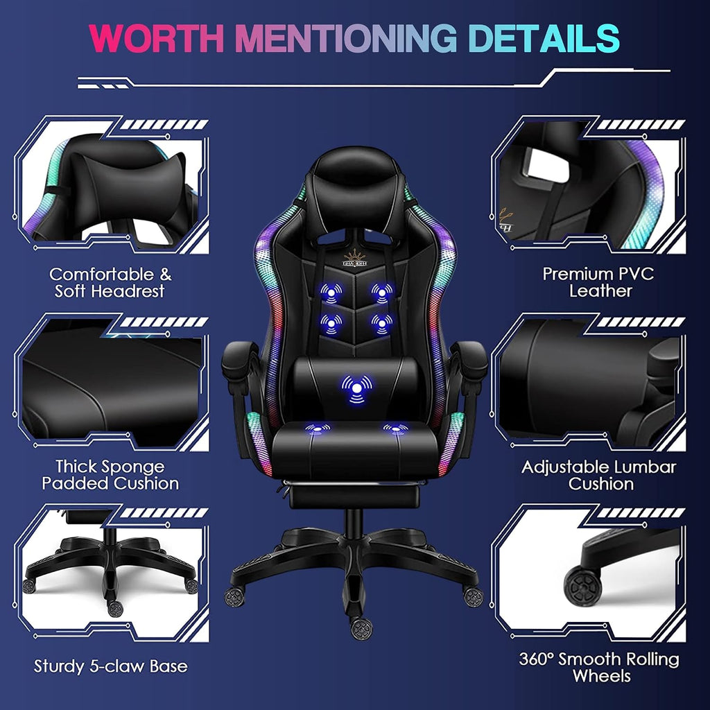Full Massage Gaming Chair with Speakers and LED Lights Ergonomic Office Chair with Footrest Lumbar Support Adjustable Height Racing Game Chair PU Leather Computer Chair for Adults Teens,Black
