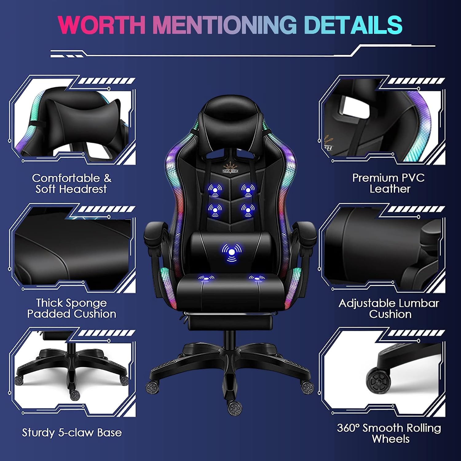 Full Massage Gaming Chair with Speakers and LED Lights Ergonomic Office Chair with Footrest Lumbar Support Adjustable Height Racing Game Chair PU Leather Computer Chair for Adults Teens,White