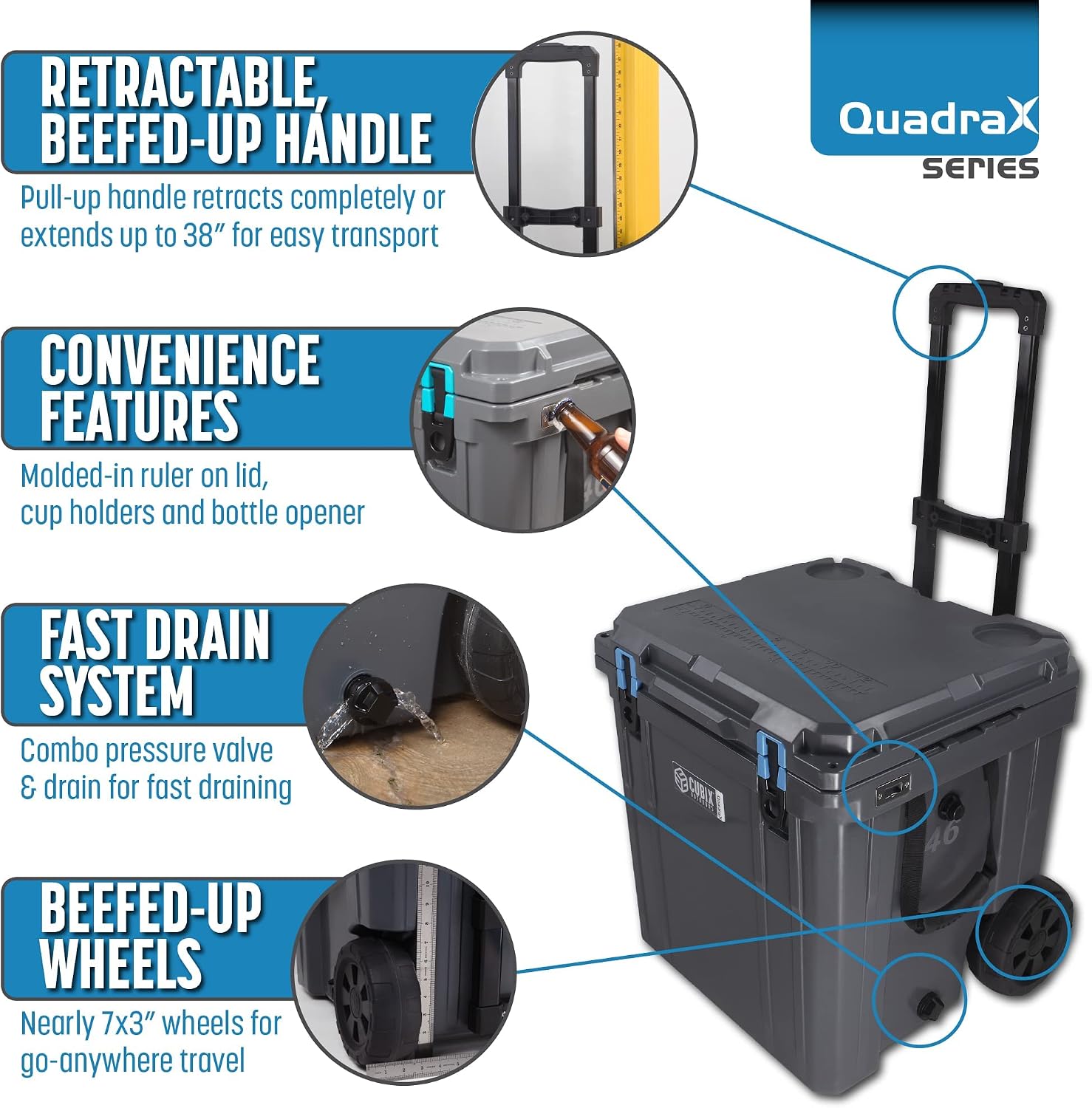 Cubix Outdoors QuadraX 46QT Wheeled Rotomolded Portable Hard Cooler for Camping, Fishing, Beach | Heavy Duty Insulated Ice Chest with Wheels and Handle | Cold Retention 5 Days
