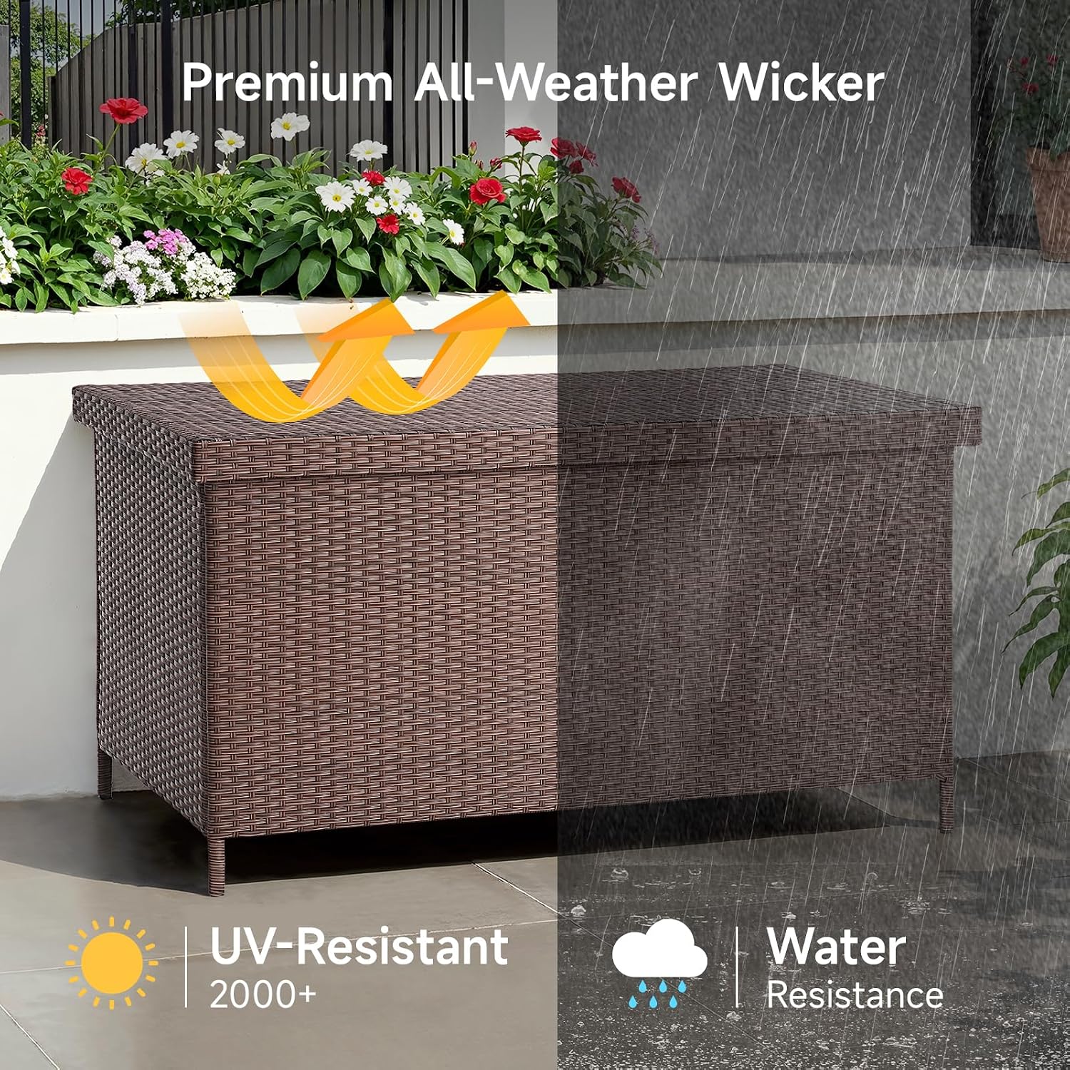 ONBRILL 158 Gallon XL Deck Box with Lid, All Weather Wicker Outdoor Storage Box Waterproof, Large Outdoor Patio Storage Bin for Cushions, Garden Tools, Gears, Brown