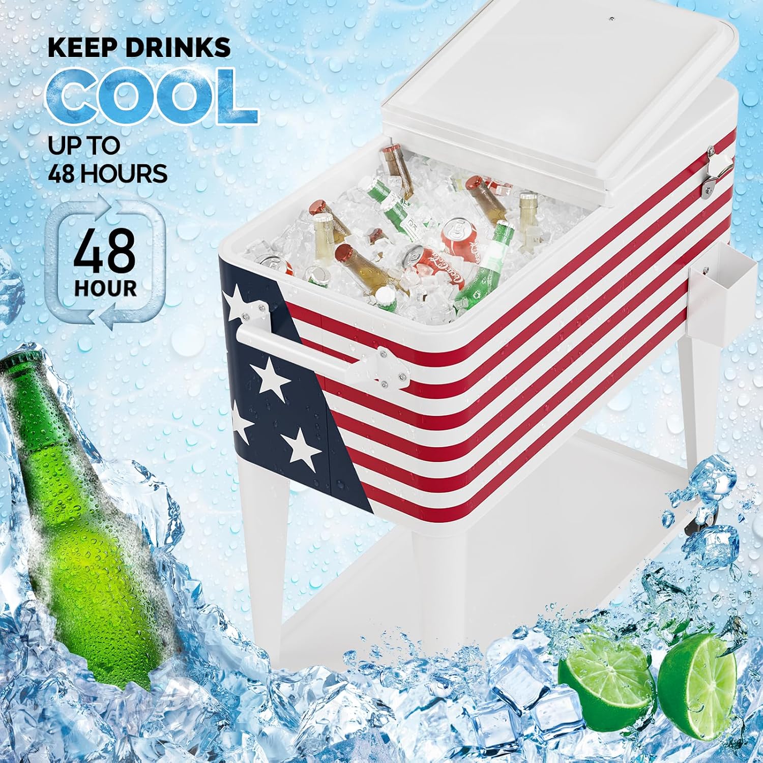 Outvita 80 Quart Rolling Ice Chest, Portable Bar Drink Cooler with Catch Basin, Bottom Storage Tray and Bottle Opener for Patio Party BBQ Beach Activities