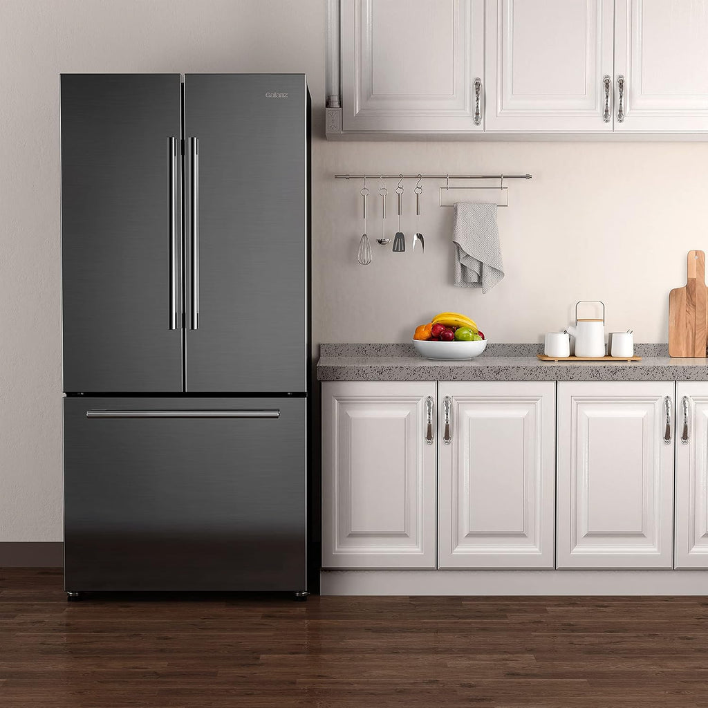 Galanz French Door Refrigerator with Installed Ice Maker and Bottom Freezer, Adjustable Electrical Thermostat Control, Frost Free, Energy Star Certified, Stainless Steel, 18 Cu Ft