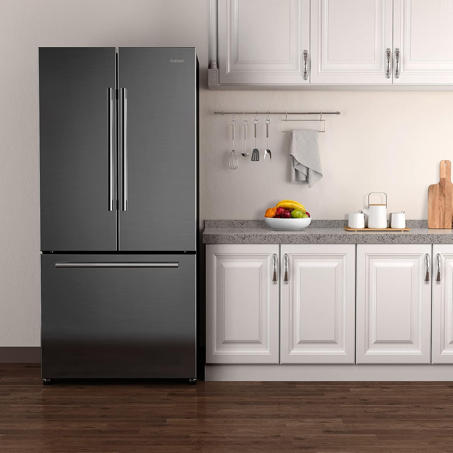 Galanz French Door Refrigerator with Installed Ice Maker and Bottom Freezer, Adjustable Electrical Thermostat Control, Frost Free, Energy Star Certified, Stainless Steel, 18 Cu Ft