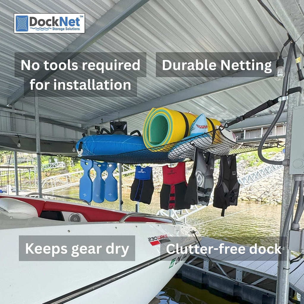 DockNet Storage Net – Heavy-Duty Boat Slip Organizer for Boat Docks | Easy Install Marine Storage Solution for Drying of Towables, Life Jackets, Paddleboards, Inflatables, etc
