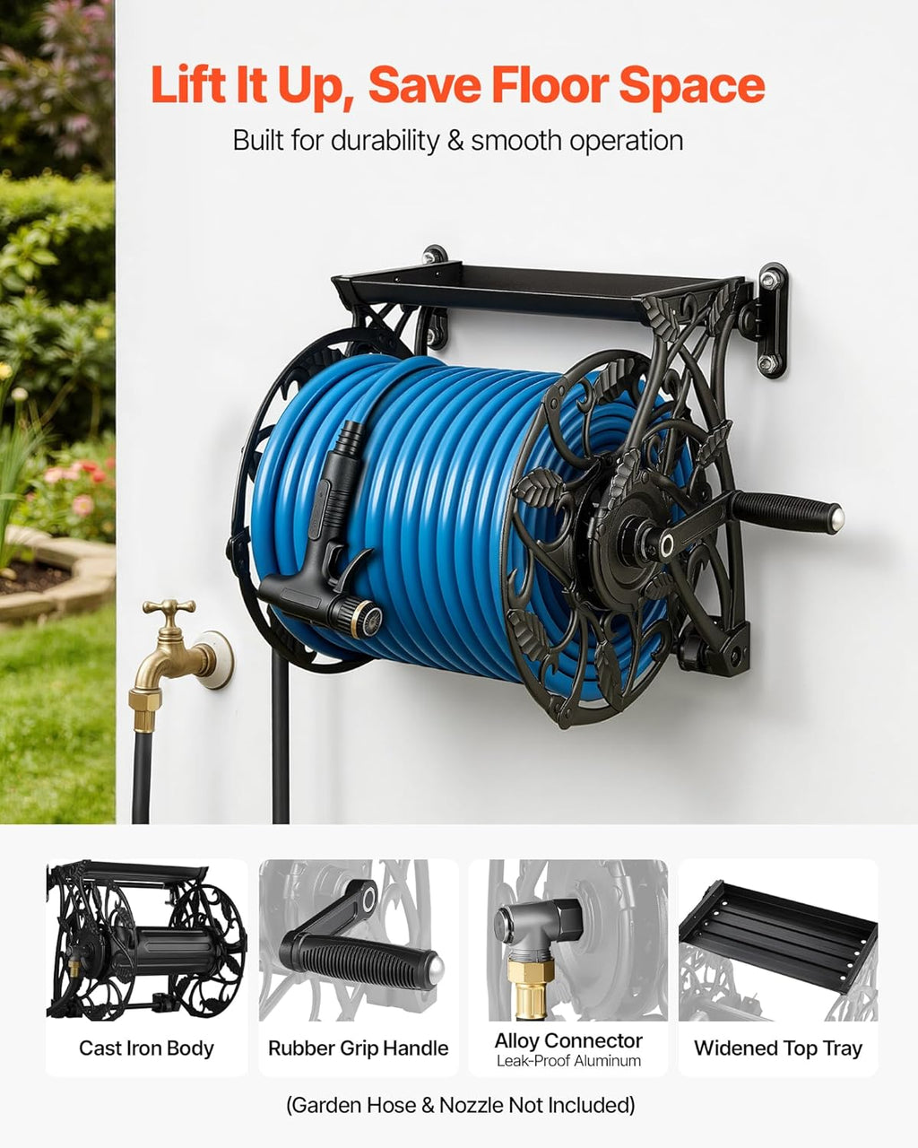 VEVOR Wall Mounted Garden Hose Reel, Holds 135 Feet of 5/8-inch Hose, Outdoor Heavy-Duty Waterhose Holder Winder, with Widened Top Tray, Aluminum Alloy Connector, Decorative Pattern, for Backyards