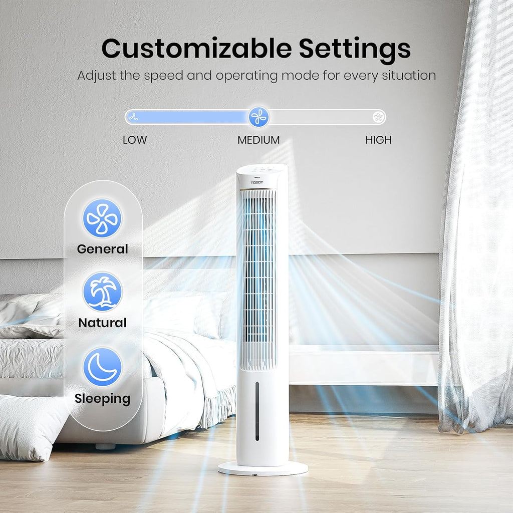 TOSOT Evaporative Air Cooler, 43' Tower Fan Oscillating 80°, 3 Speed Quiet Cooling Fan with 2 Ice Packs, Remote Control, Removable 4L Water Tank, Mist Floor Fan for Home Bedroom