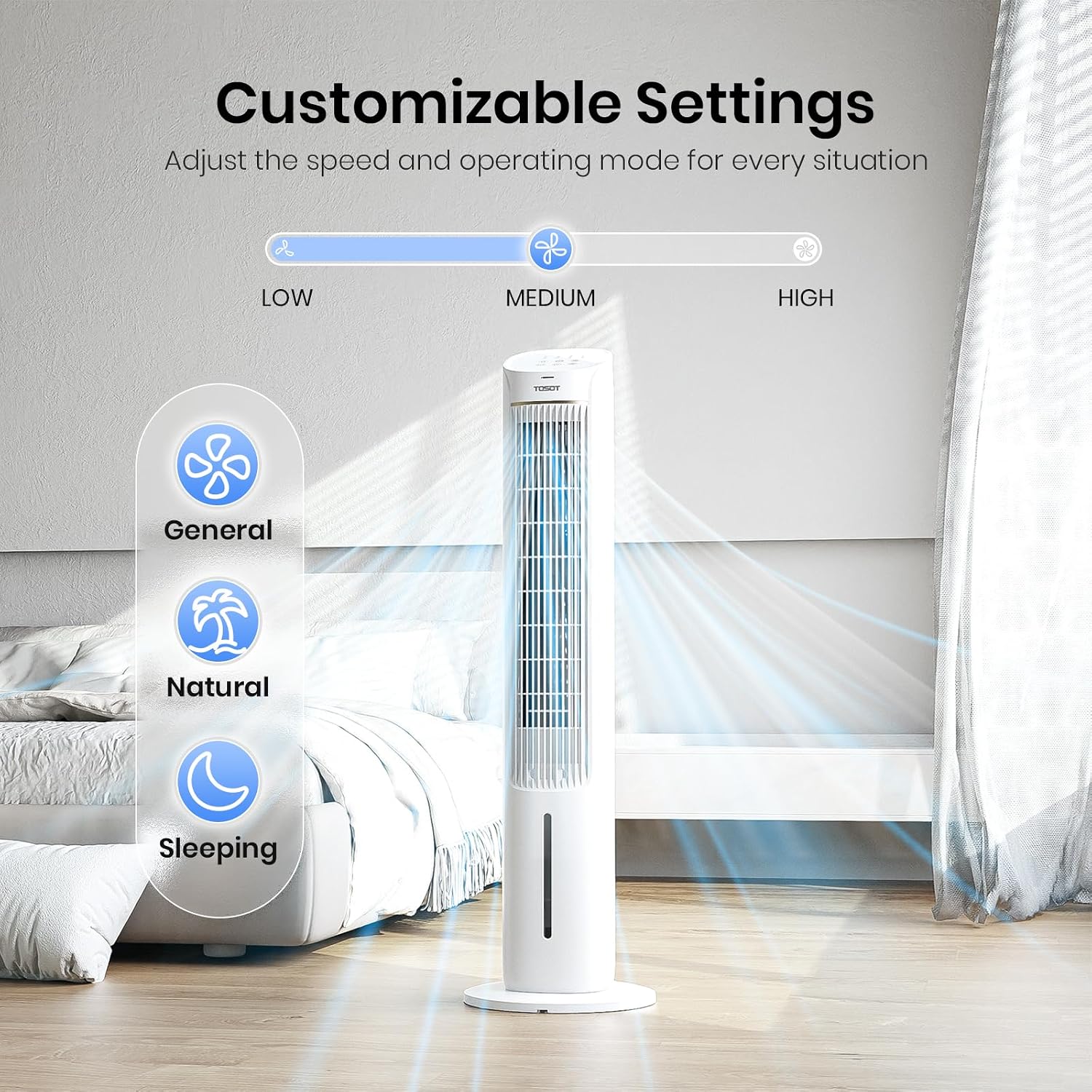 TOSOT Evaporative Air Cooler, 43' Tower Fan Oscillating 80°, 3 Speed Quiet Cooling Fan with 2 Ice Packs, Remote Control, Removable 4L Water Tank, Mist Floor Fan for Home Bedroom