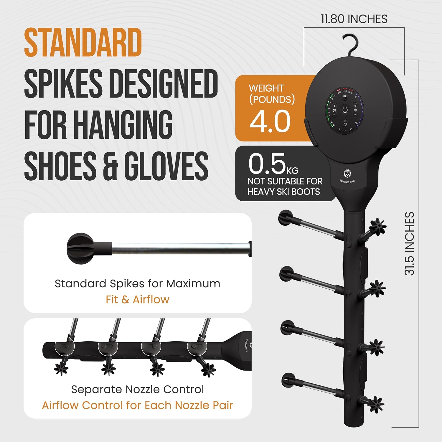 Hedgehog Hanger Shoe Dryer and Deodorizer for Sneakers, Gloves & Mittens – Rapid 4 Pair Shoes Dryer with Ionic i3 Turbo Technology, Turbocharged Drying, Silent & Tornado Mode, Adjustable Heat, Black
