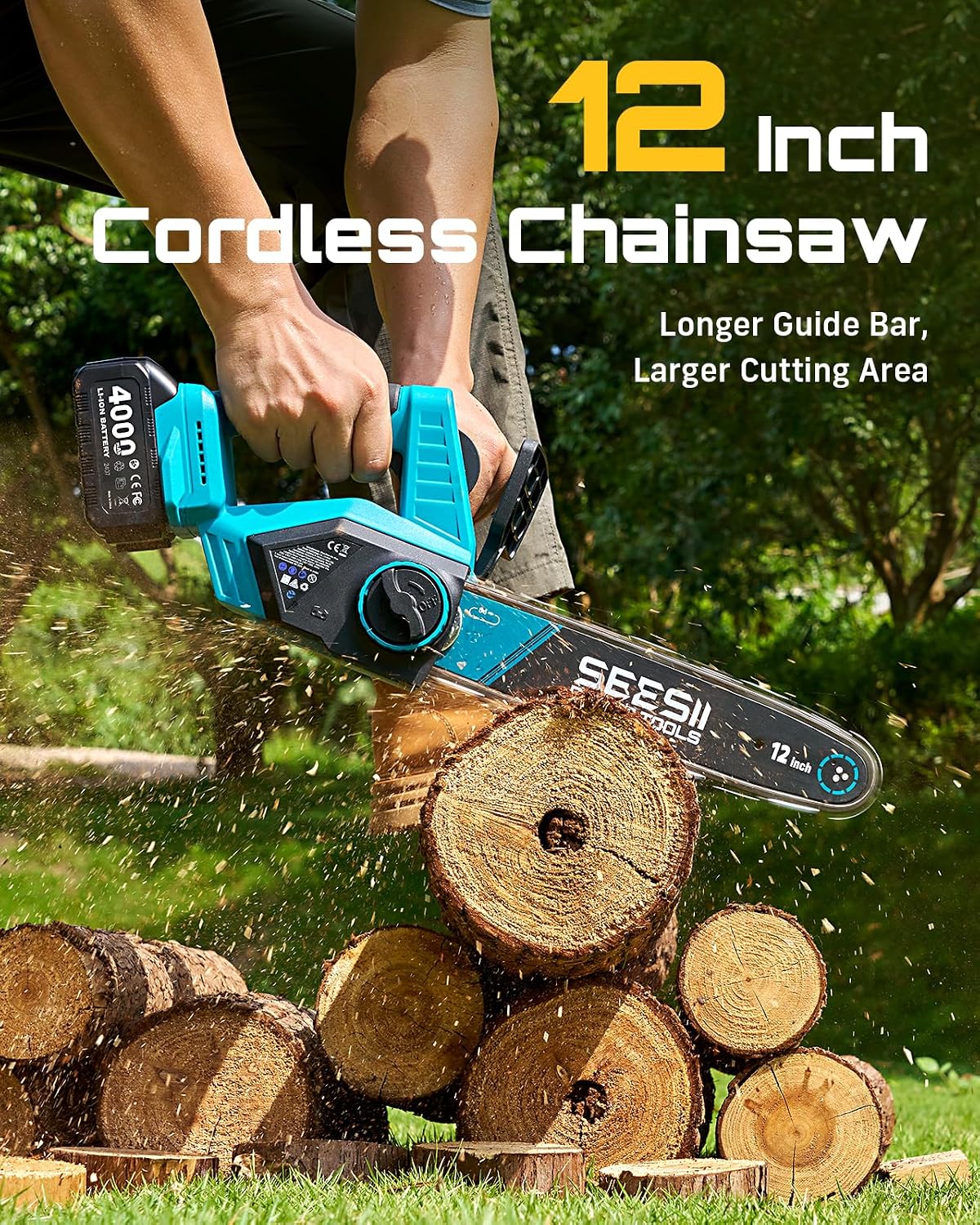 SEESII Electric Chainsaw Cordless 12-inch, Handheld Chain Saws with 2 x 4.0Ah Battery, Tree Saw with Tool-free Chain Tension, Auto Oiling for Wood Cutting Trimming Branch