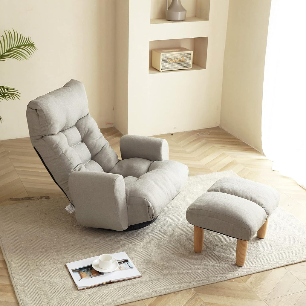 Yoglad Japanese Style Chaise Lounge Sofa Chair Floor Gaming Chair Lazy Sofa for Reading Game Meditating, 3 Adjustable Positions with Comfortable Backrest (Grey+Ottoman)