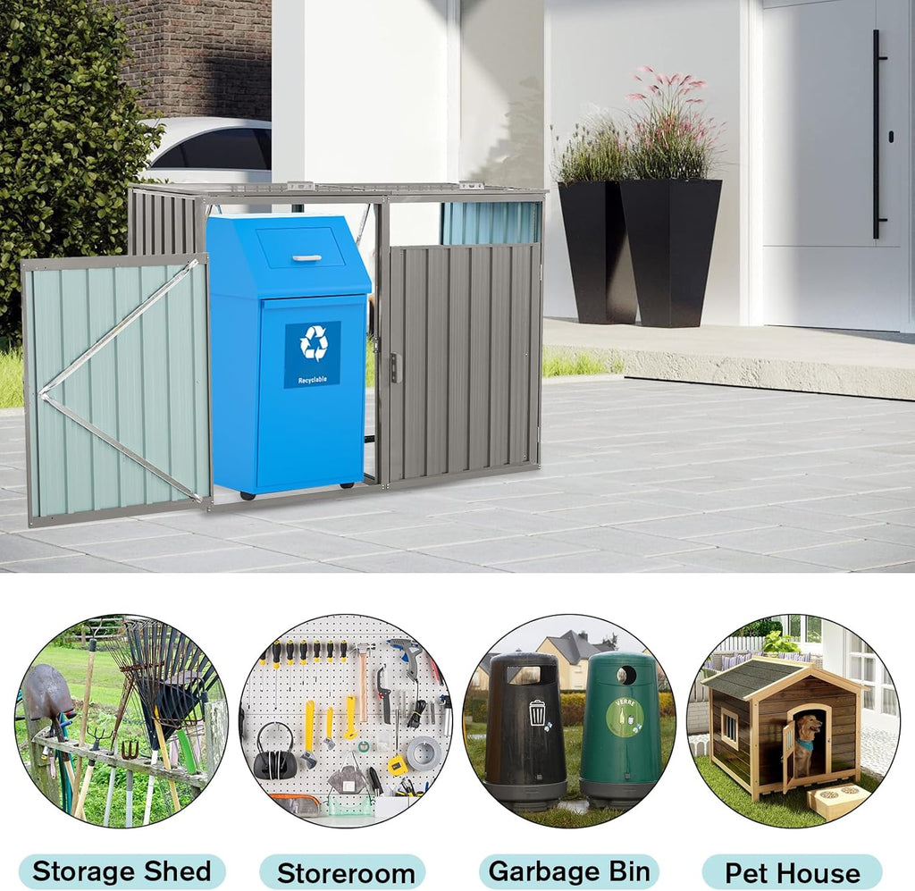 【LuckyNote】 Garbage Bin Shed Stores 2 Trash Cans Metal Outdoor Bin Shed for Garbage Storage,Stainless Galvanized Steel, Bin for Garden Yard Lawn,Grey