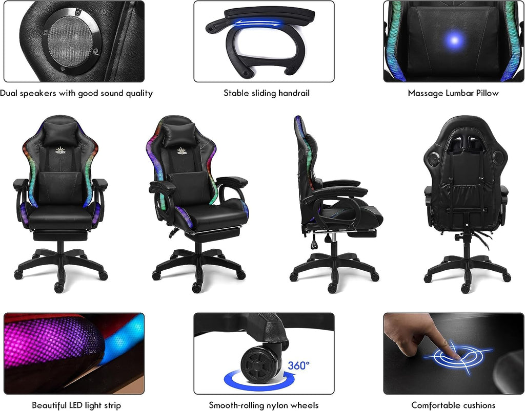 Gaming Chair with Massage and Footrest, Ergonomic Computer Chair, Video Gaming Chair with Speakers and LED Lighting, High Back Racing Chair with Headrest and Lumbar Pillow.,Pink