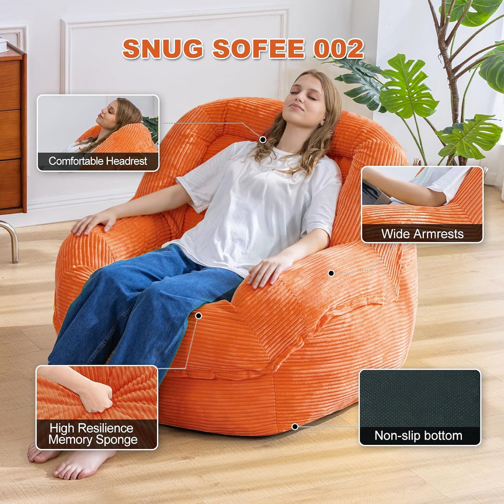 Giant Bean Bag Chair with Armrests - Oversized Cozy Seating for Adults, Corduroy Fabric & High - Density Foam Filling, Ideal Lounge for Living Room, Bedroom & Gaming Room (Orange)