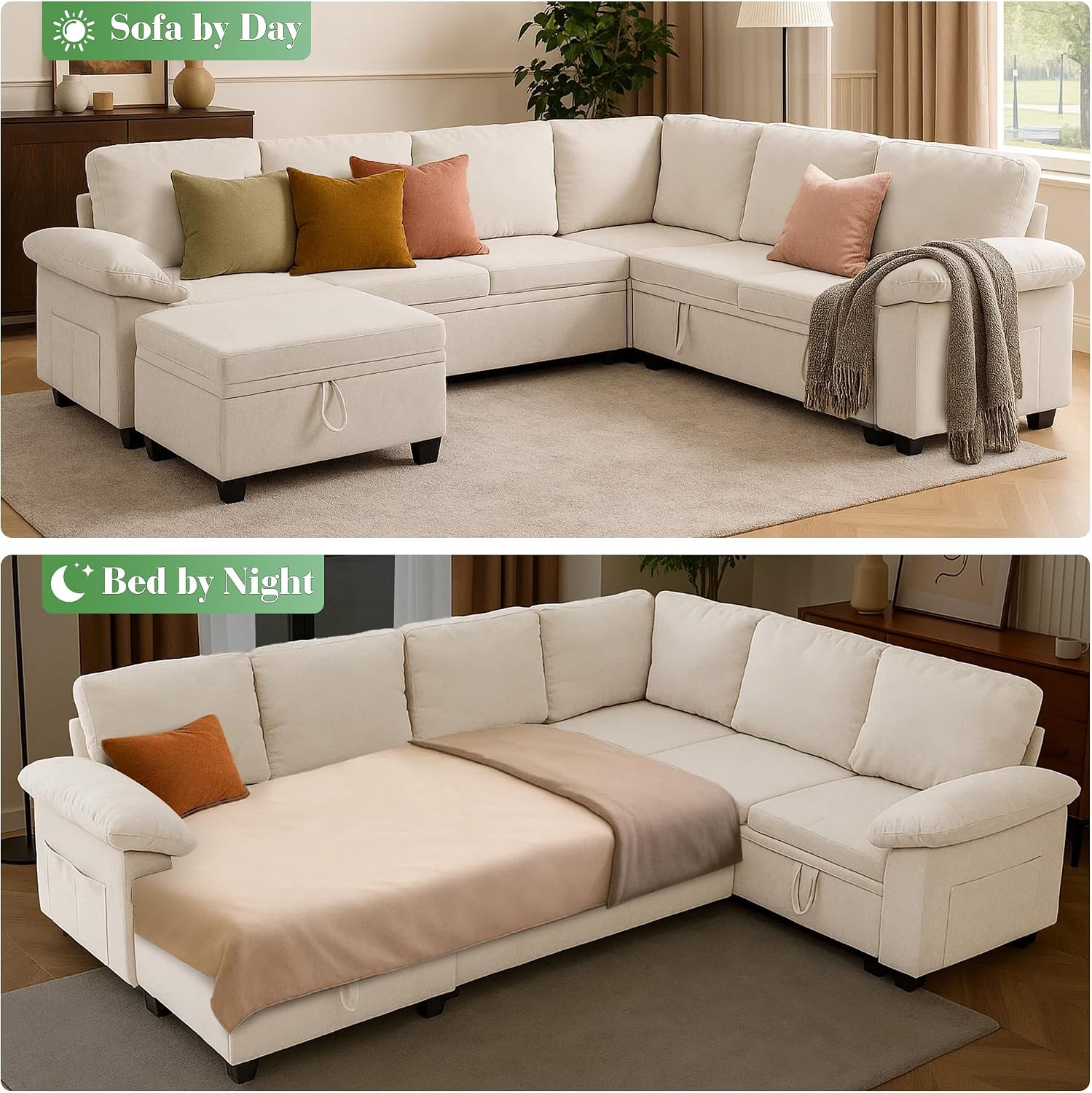 Modular Sectional Sofa with Pull Out Bed Sleeper Sofa L Shaped with Storage, Sectional Couch for Living Room Convertible Sofa Bed with Removable Sofa Cover(7 Seats Beige)