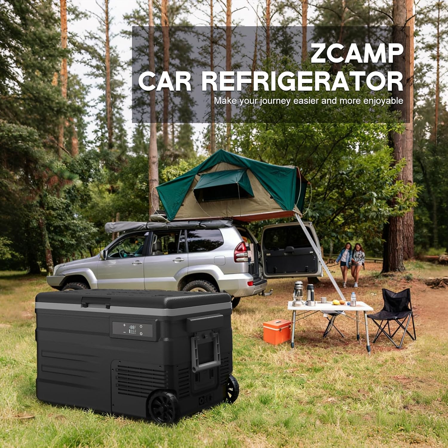 UD45E 12 Volt Refrigerator,Dual Zone Portable Freezer with Wheels & Battery Compartment,42QT(40.5L) Electric Cooler,-4℉~68℉,12/24V DC 100-240V AC for Camping, Travel, Truck, RV (Batt.Not Incl)