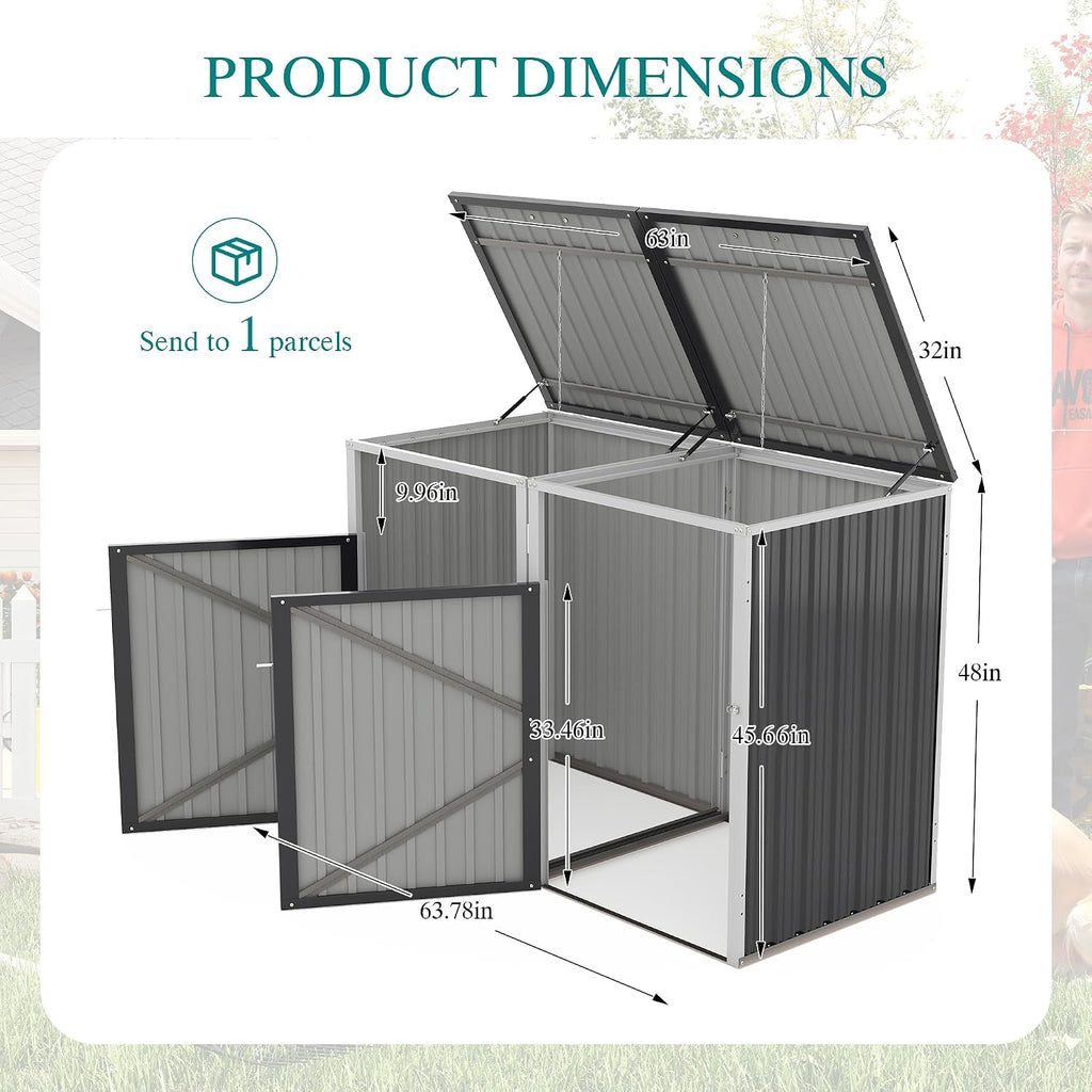 Garbage Bin Shed Stores 2 Trash Cans Metal Outdoor Bin Shed for Garbage Storage,54 Cubic feet of Space,Stainless Galvanized Steel, Bin Shed for Garden Yard Lawn,Grey