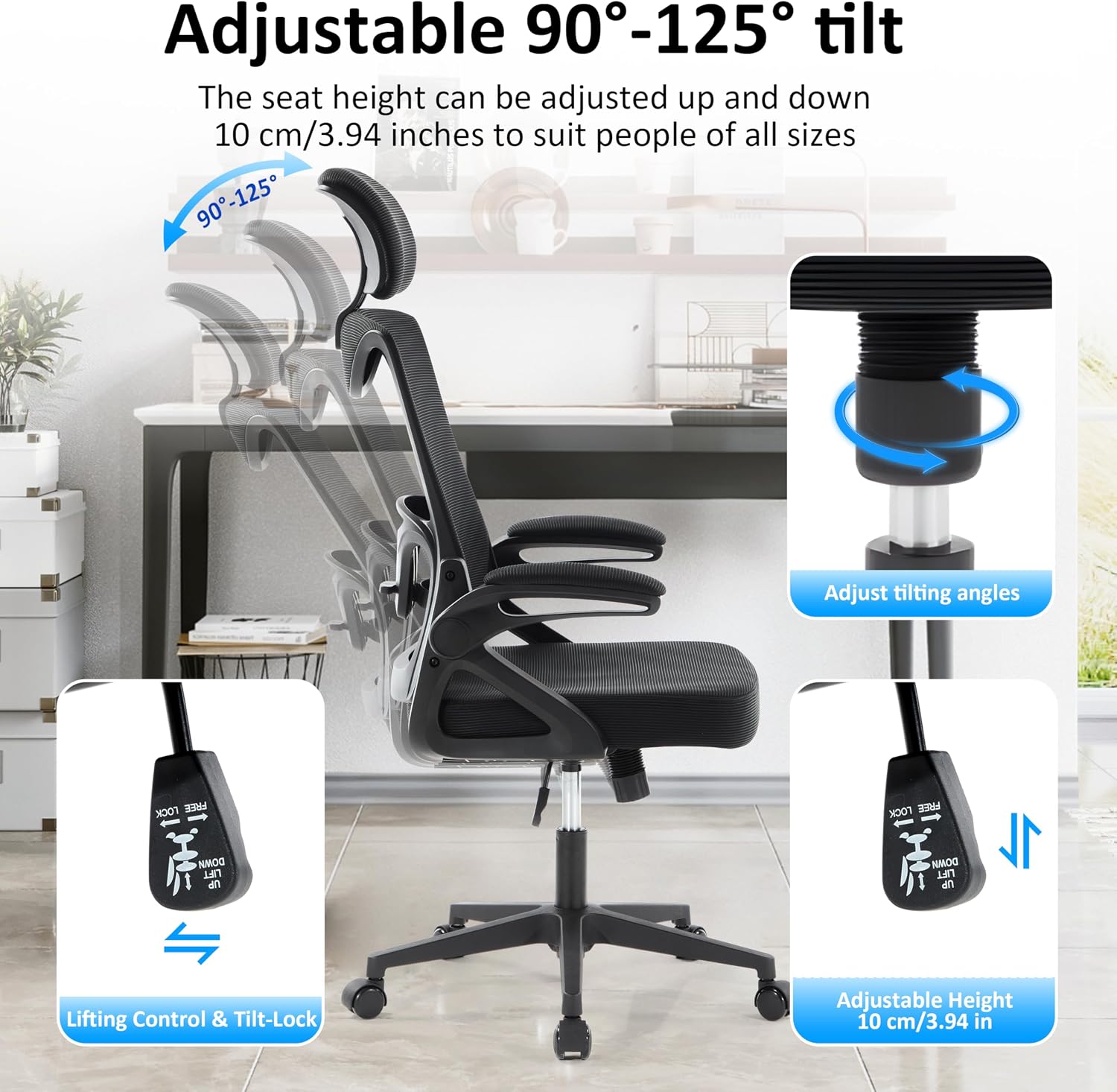 Fizzin Ergonomic Office Chair,Ergonomic Desk Chair with Headrest Mesh Computer Chair with High Back Adjustable Lumbar Support, Rolling Swivel Chairs with Wheel Armrests for Home Office,Black