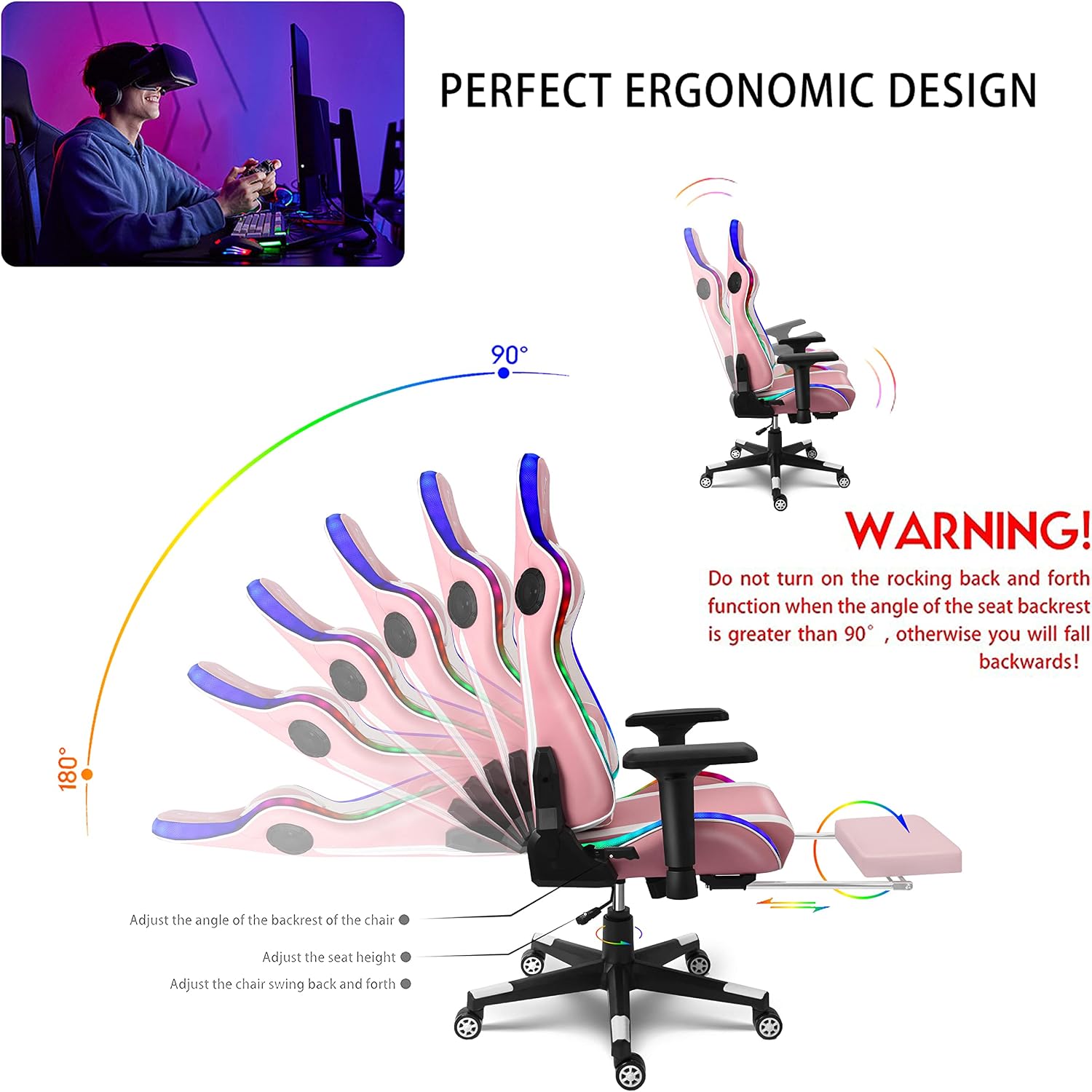Gaming Chair with Speakers, Ergonomic Massage PC Chair, Comfortable Computer Recliner with Footrest and Adjustable Lumbar Support, Video Gaming Chair for Adult Kids.,Pink