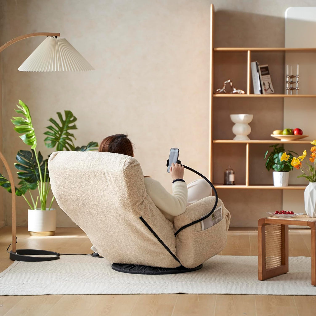 Lounge Sofa Chair with Side Pocket Armrests & Phone Holder. Gaming Chair for TV, Reading,Video,Games.Indoor Floor Chaise in Livingroom, Bedroom.Adjustable Foldable Backres&360° Swivel (Beige)