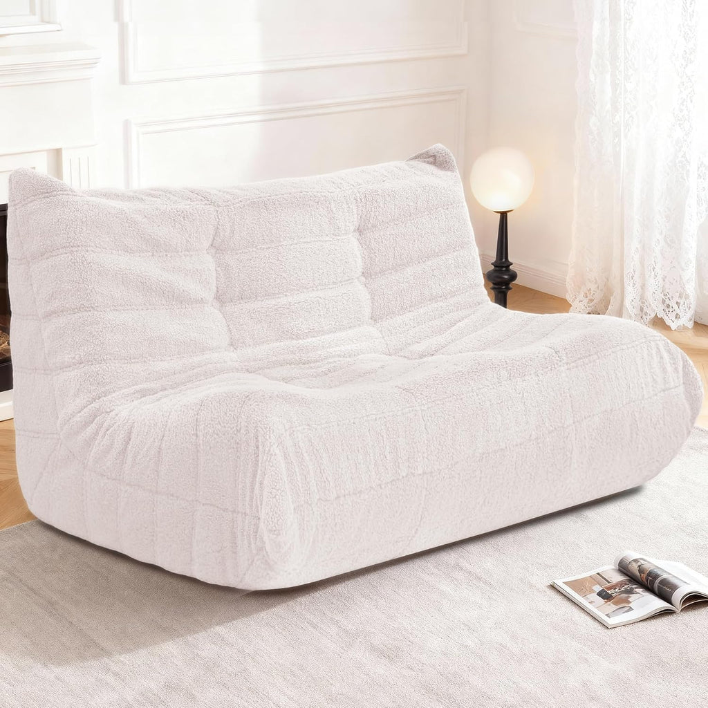 Bean Bag Loveseat Chair Big Sofa Beanbag Chair for Adults Fireside Chair Bean Bag Lounger with Memory Foam Filled for Home,Apartment or Gaming Venue（Beige Teddy）