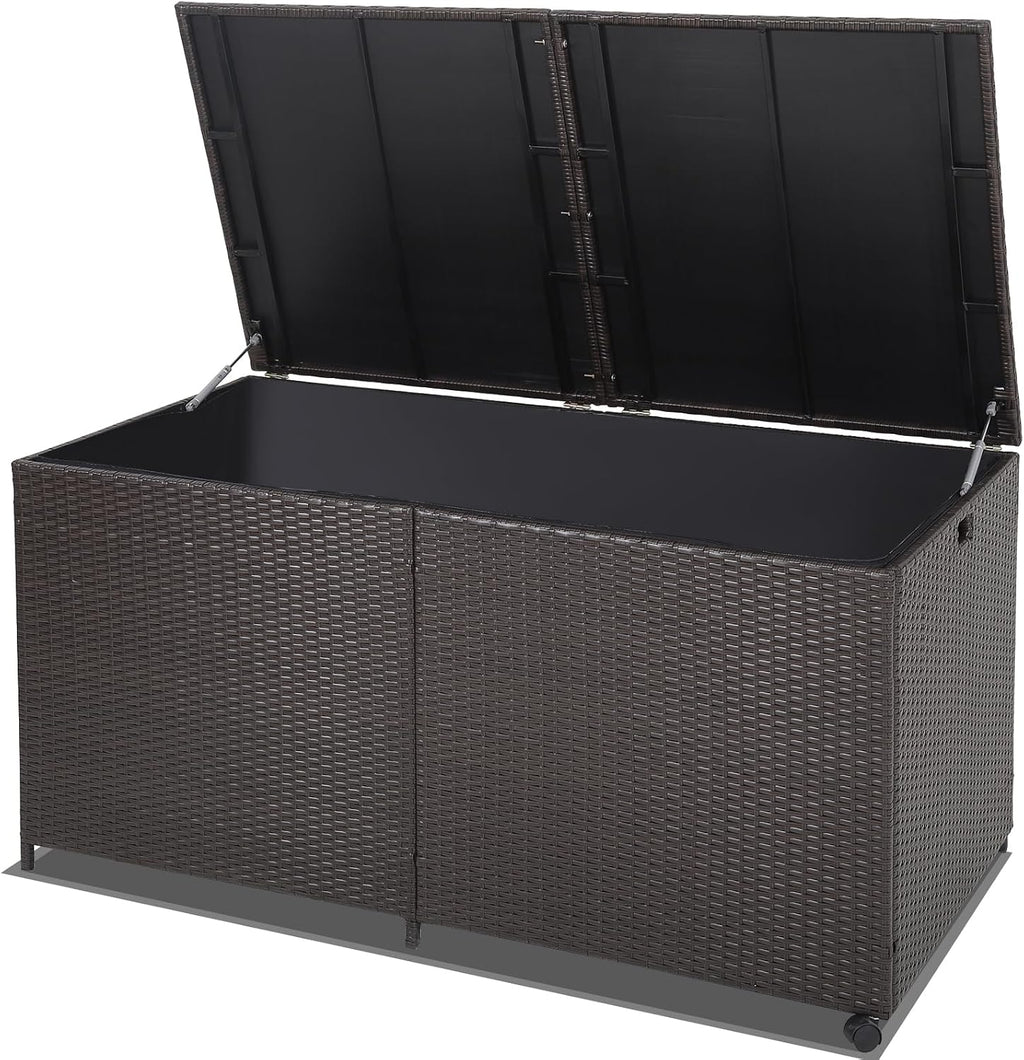 HAPPYGRILL 175 Gallon Outdoor Rattan Deck Box, Wicker Storage Bin with Zippered Liner & 2 Universal Wheels, Safe Pneumatic Rod, Patio Rattan Storage Container for Cushions Pillows