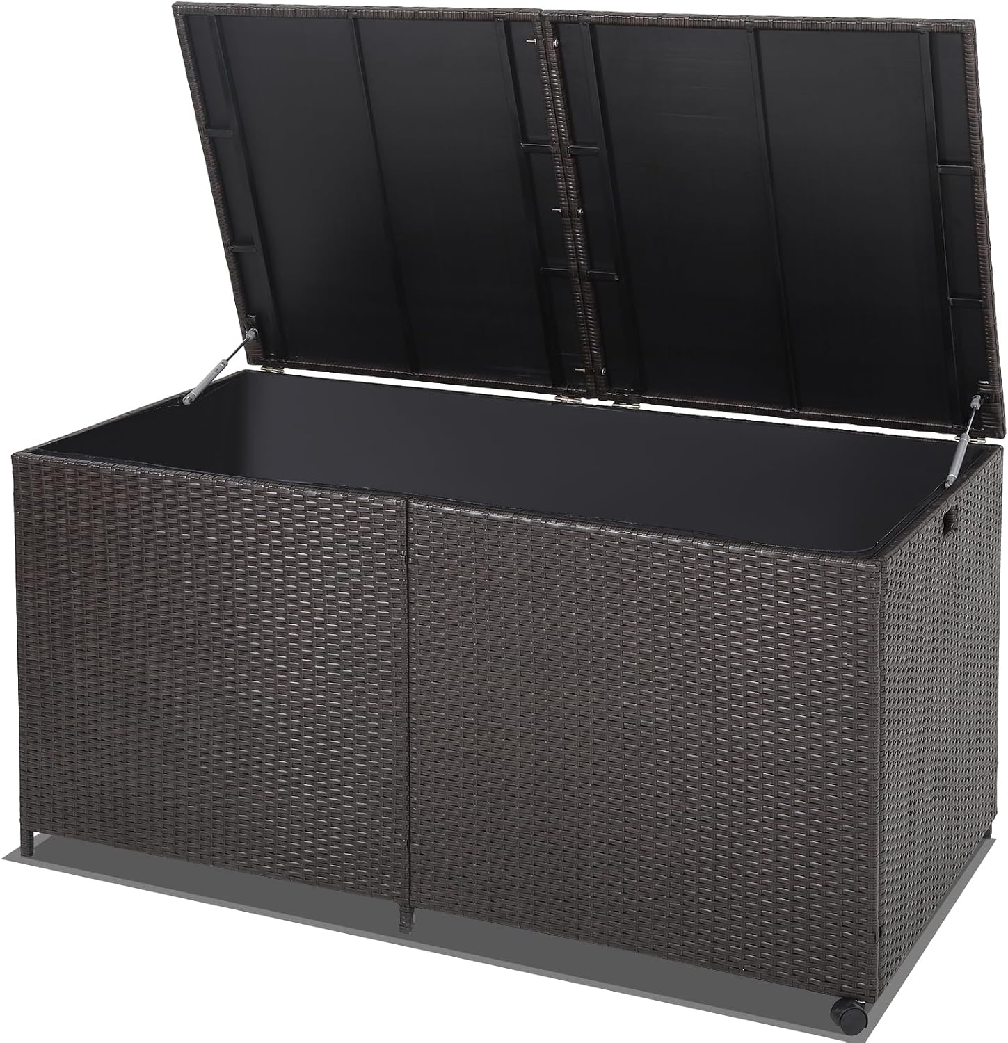 HAPPYGRILL 175 Gallon Outdoor Rattan Deck Box, Wicker Storage Bin with Zippered Liner & 2 Universal Wheels, Safe Pneumatic Rod, Patio Rattan Storage Container for Cushions Pillows