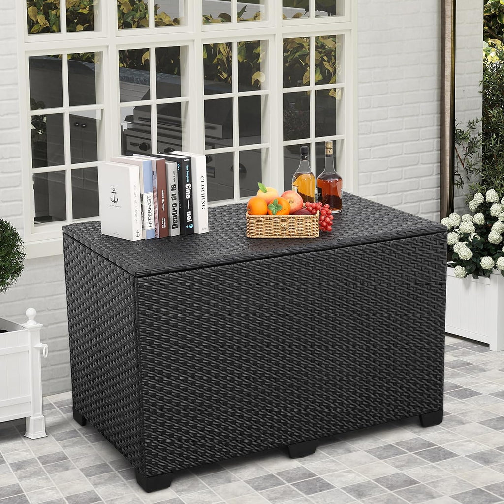 Valita Outdoor Wicker Storage Box, Big Size,Resin Black Rattan Deck Bin with Lid,150 Gallon,Water-resistant Liner Container for Patio Gardening Tools, Cushions, Pool Accessory,Pillows