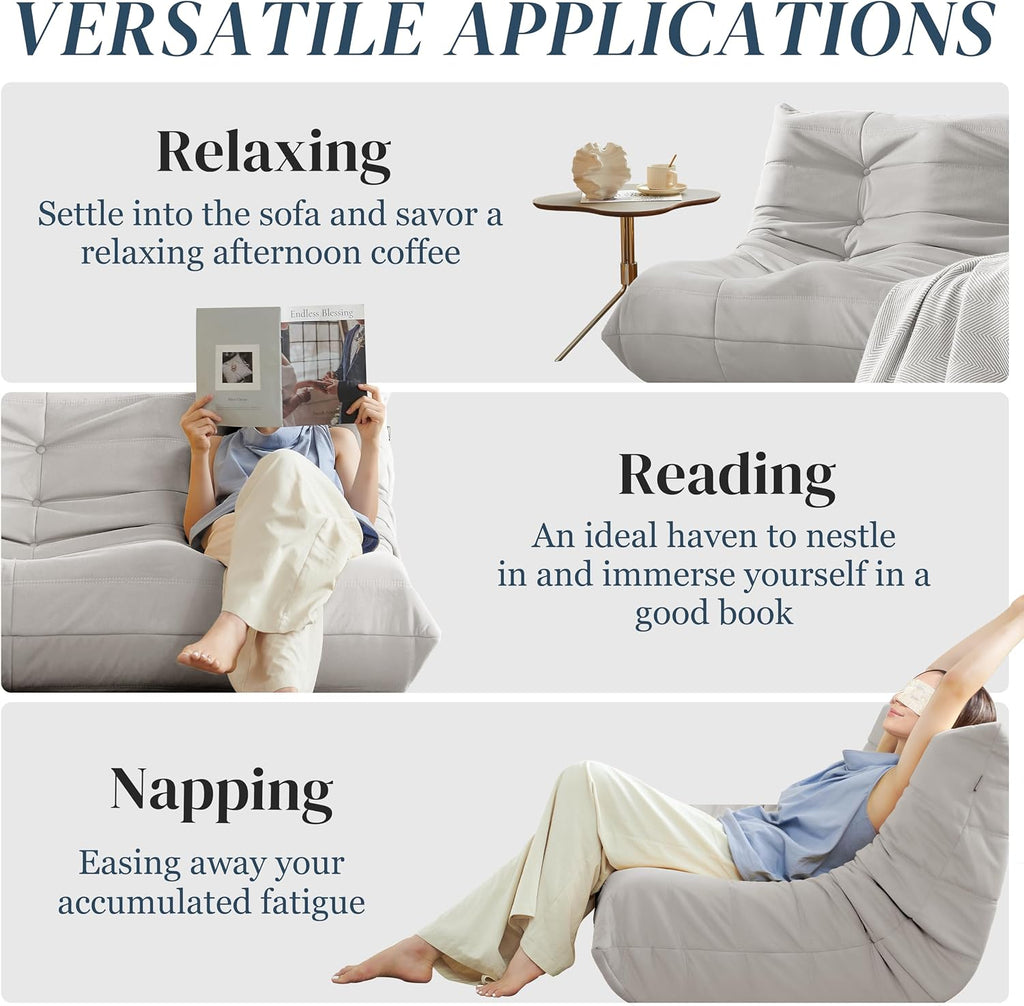 Bean Bag Chair, Large Fireside Chair Bean Bag Sofa for Adults, 3 Seater Bean Bag Chairs for Teens with High-Resilience Foam, Memory Foam Bean Bag for Living Room, Bedroom, Office (Suede, Light Gray)