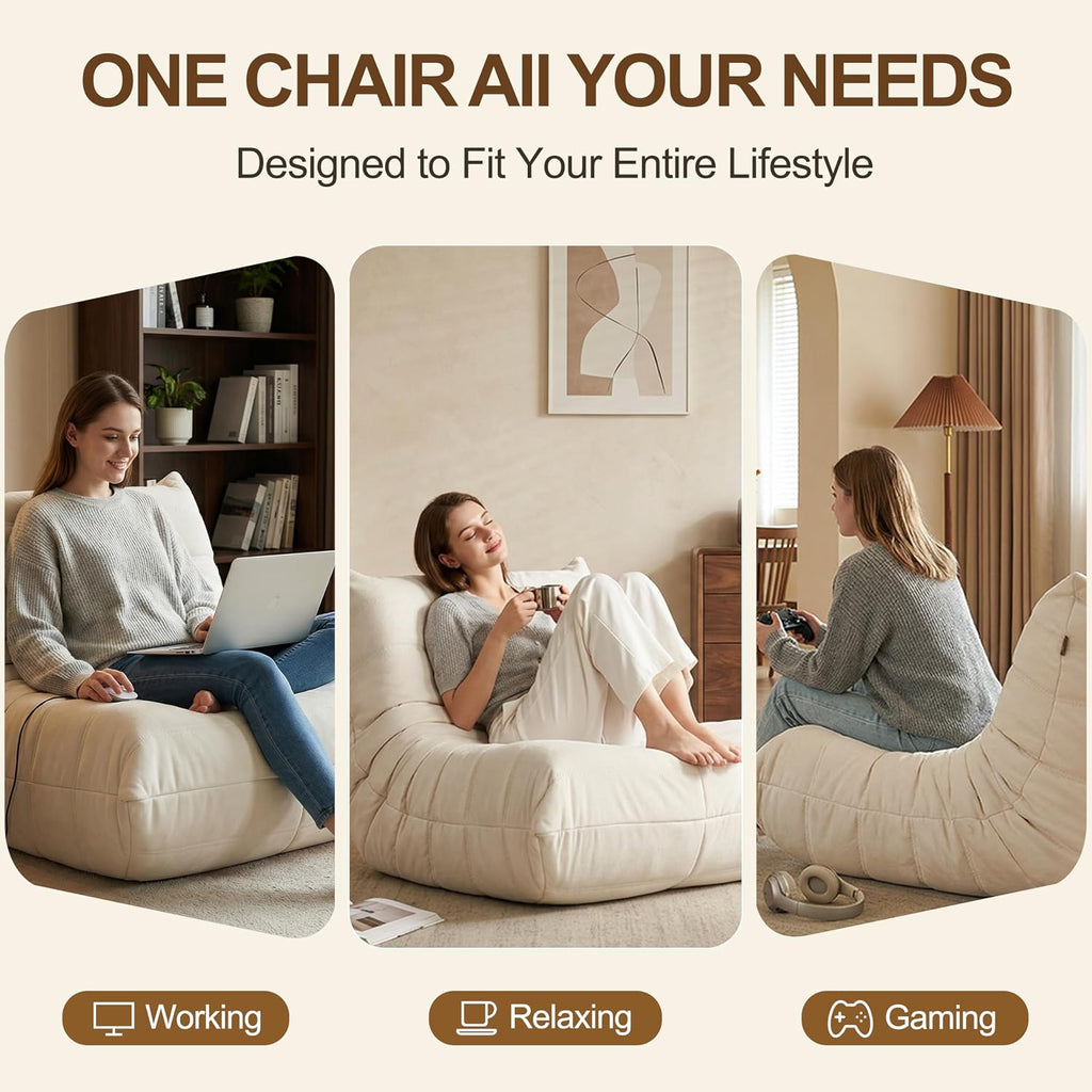 Gazecaia Comfy Bean Bag Chair for Adults Teens | Fireside Floor Lounge Chair, Soft Suede High-Resilience Memory Foam Bean Bag Couch with Non-Slip Base, for Living Room Bedroom Apartment Office, White