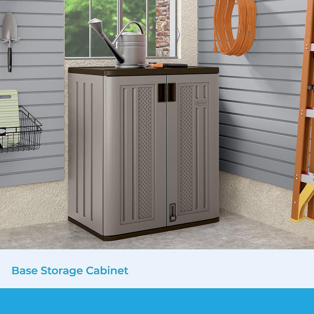 Suncast 30 Gallon Resin Outdoor Hideaway Patio Trash Can and Base Storage Cabinet Bundle