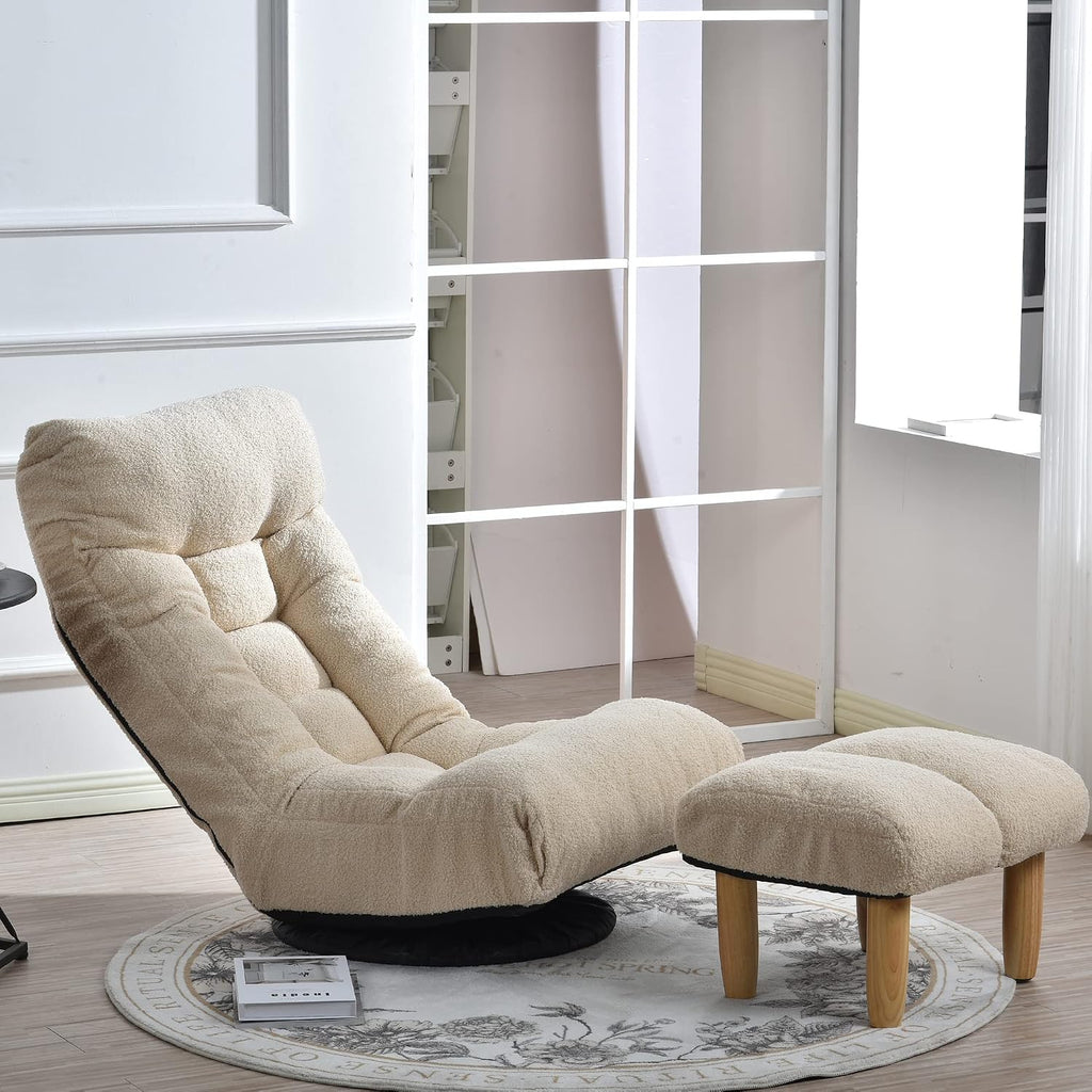 Yoglad Japanese Style Chaise Lounge Sofa Chair Floor Lazy Sofa for Reading Game Meditating, 3 Adjustable Positions with Comfortable Backrest (White, Ottoman)