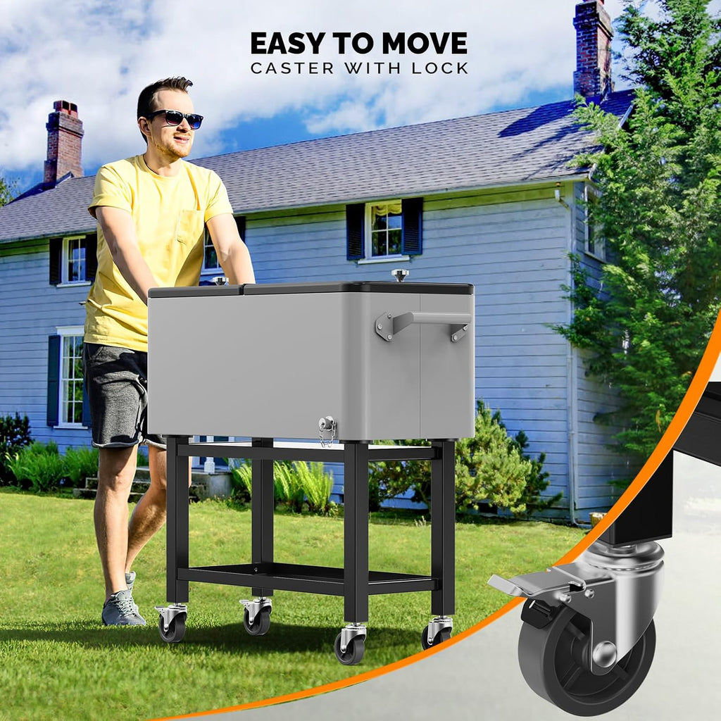 VINGLI Patio Cooler, Rolling Ice Chest on Wheels, Portable Patio Party Bar Drink Cooler Cart, with Shelf, Beverage Pool with Bottle Opener,Water Pipe