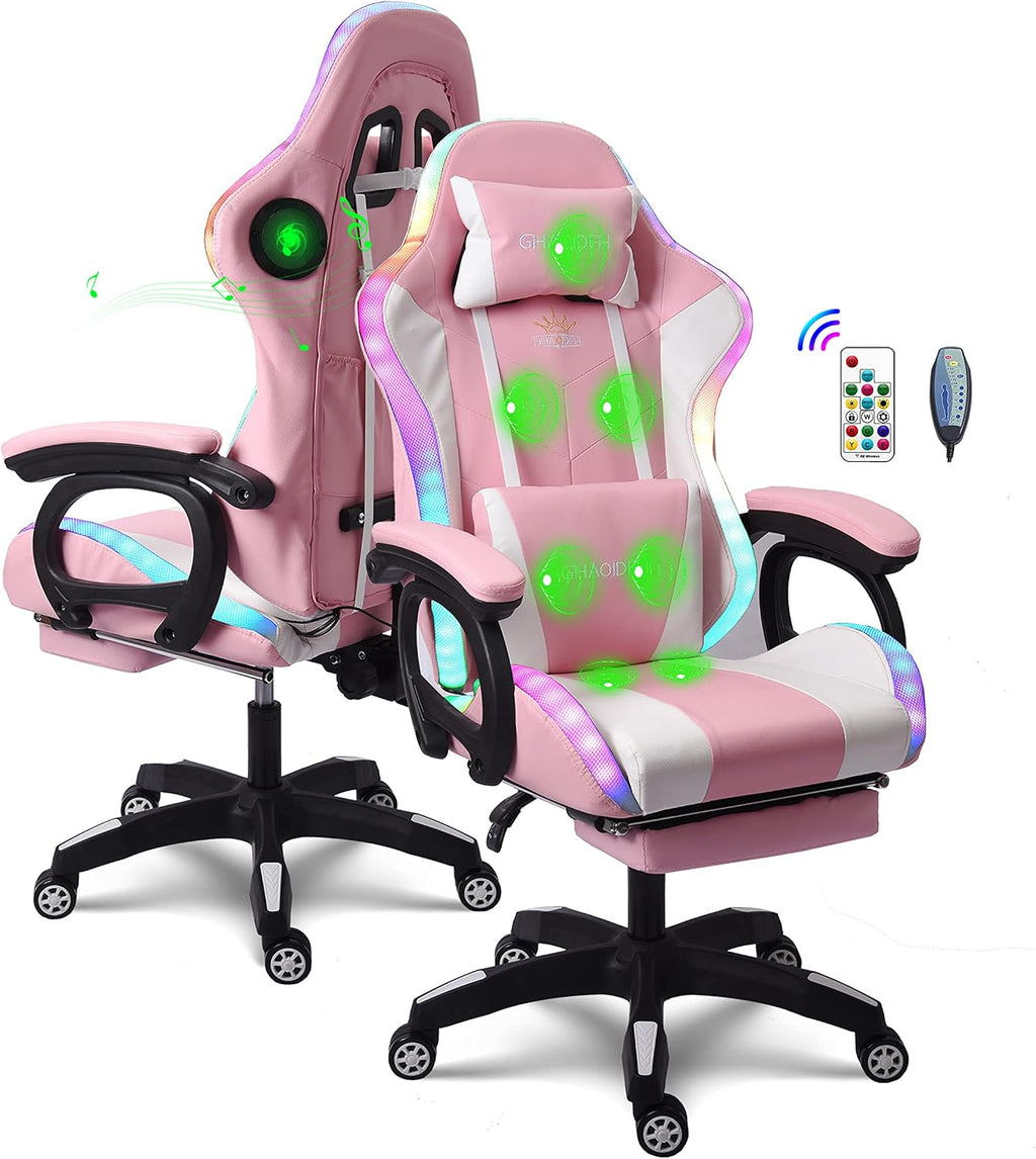 Gaming Chair with Massage and Speakers,Led RGB Lights and Footrest Gaming Chair,Ergonomic Computer Chair High Back Video Game Chair with Adjustable Lumbar Support Linkage Armrest.,Pink,normal