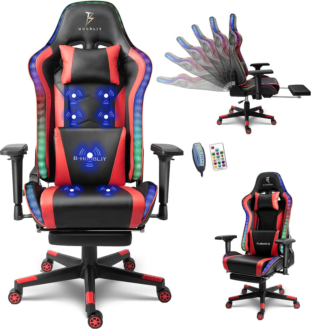 Massage Gaming Chair with Speakers, Ergonomic Pro Gaming Chair with Headrest and Lumbar Support,Reclining Computer Chair with Footrest and RGB Lights,Video Game Chair for Adults Kids.,Red