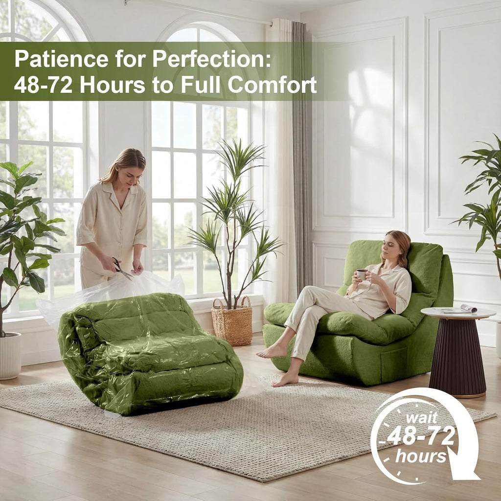 Comfy Reading Chair for Adults, Modular Sectional Sofa Bean Bag Chair, Cloud Boneless Couch Style with High Rebound Foam, Single Seat Compressible Sofa for Living Room & Bedroom, Green