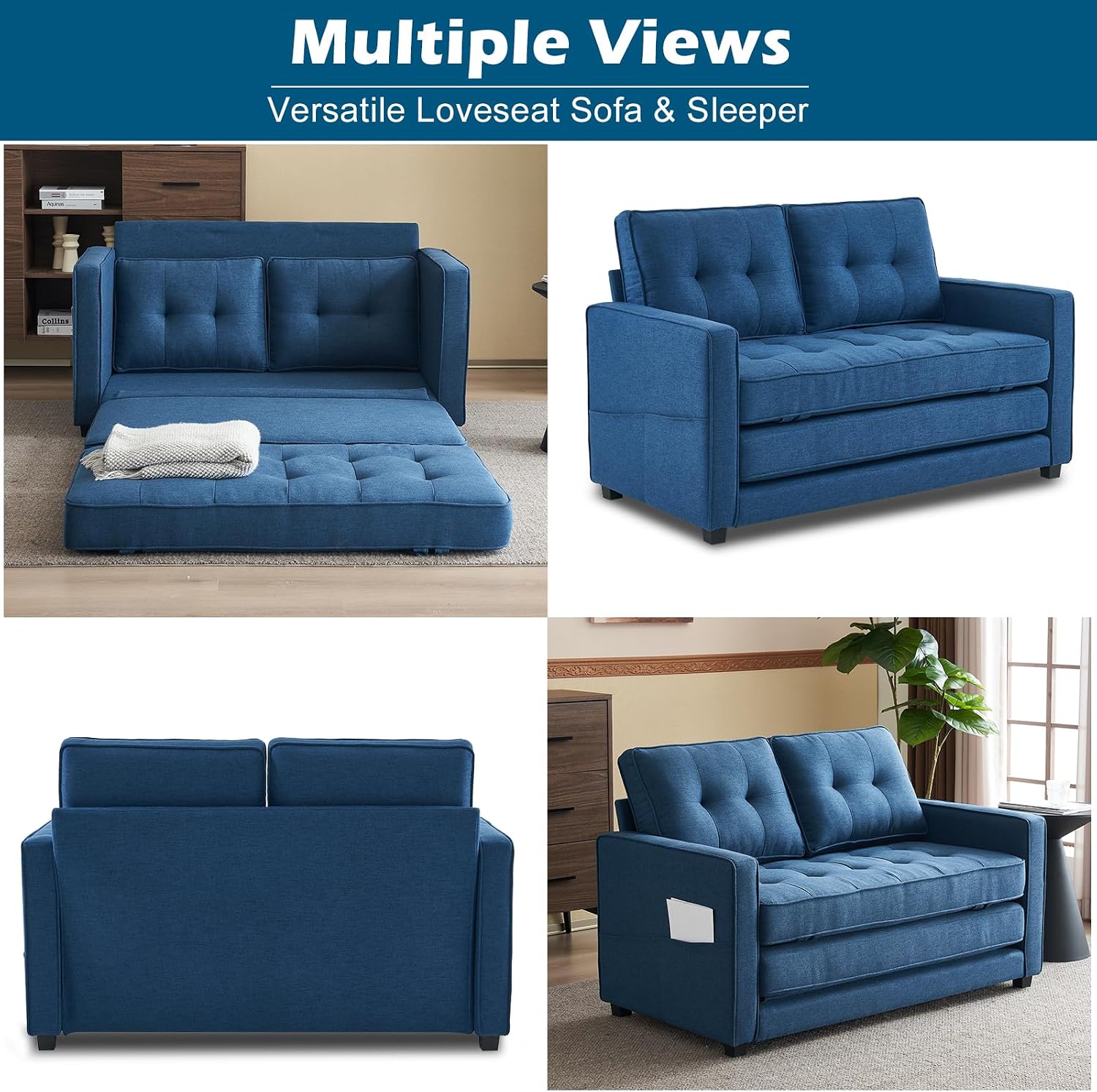 VINGLI Upgraded Loveseat Sleeper, 53.5' W 80' L Convertible Sofa Bed Couch Futon Couches for Living Room, Folding Couch Bed for Small Spaces, Foldable Floor Gaming Sofa Bed for Basement, Navy Blue