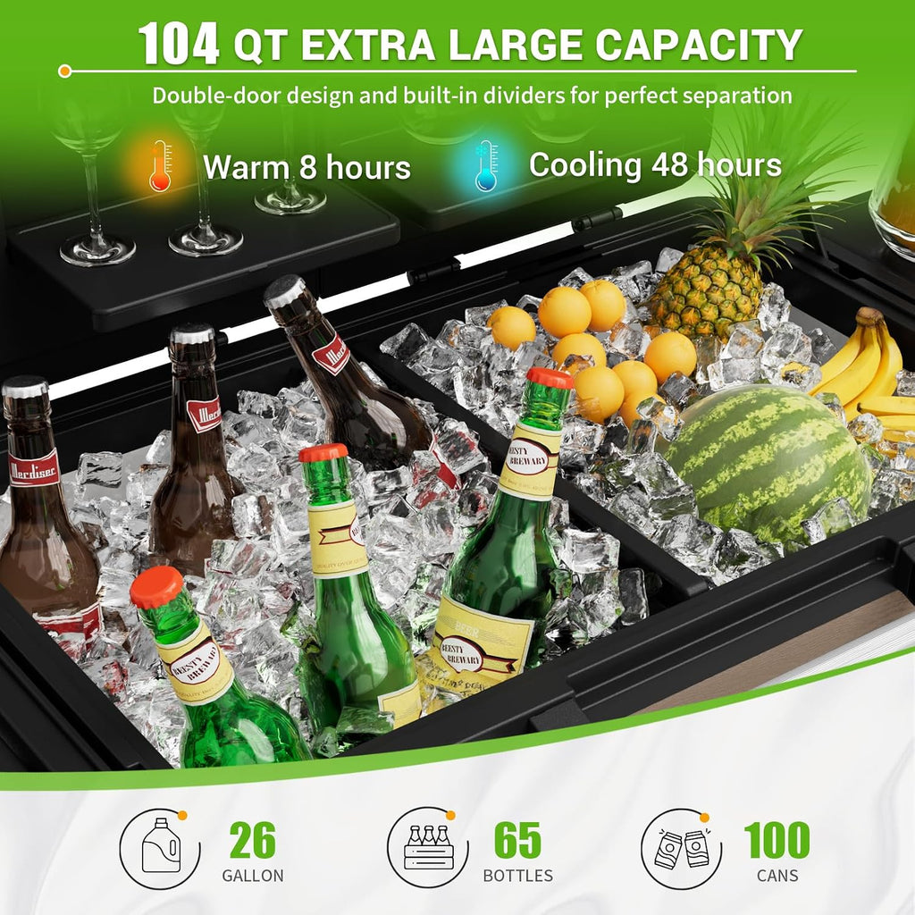 104 Quart Patio Rolling Ice Chest Cooler Cart with Wheels, Portable Mobile Outdoor Coolers Bar Cart with Storage Shelf & Bottle Opener for Drinks, Party, Camping, Backyard, Deck, BBQ（Brown）