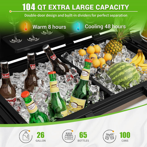 104 Quart Patio Rolling Ice Chest Cooler Cart with Wheels, Portable Mobile Outdoor Coolers Bar Cart with Storage Shelf & Bottle Opener for Drinks, Party, Camping, Backyard, Deck, BBQ（Brown）
