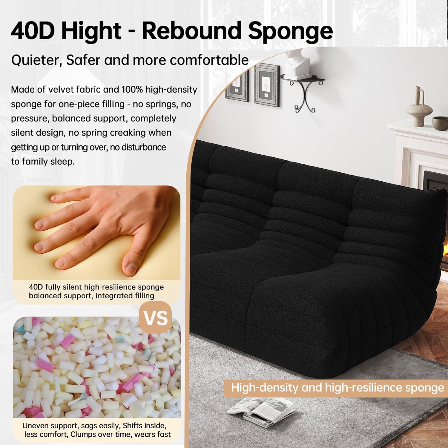 WHGBJA Bean Bag Chairs for Adults, BeanBag Reading Chair Memory Foam Couch 3-Seater, Floor Chair Soft Teddy Material, Comfy Reading Nook Chairs for Bedroom Living Room Office (Black)