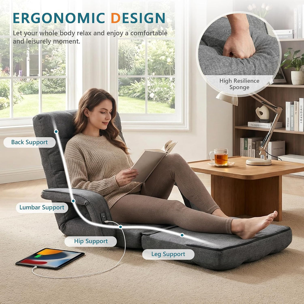 STHOUYN Comfy Floor Chair Bedroom 2 USB Charging Ports, 5-Position Couch Gaming Lounge Chairs Adults, Indoor Folding Lazy Sofa Meditation Arm Dorm Chair Living Room (Grey)