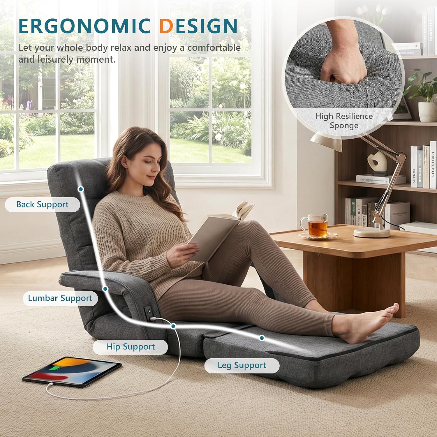 STHOUYN Comfy Floor Chair Bedroom 2 USB Charging Ports, 5-Position Couch Gaming Lounge Chairs Adults, Indoor Folding Lazy Sofa Meditation Arm Dorm Chair Living Room (Grey)
