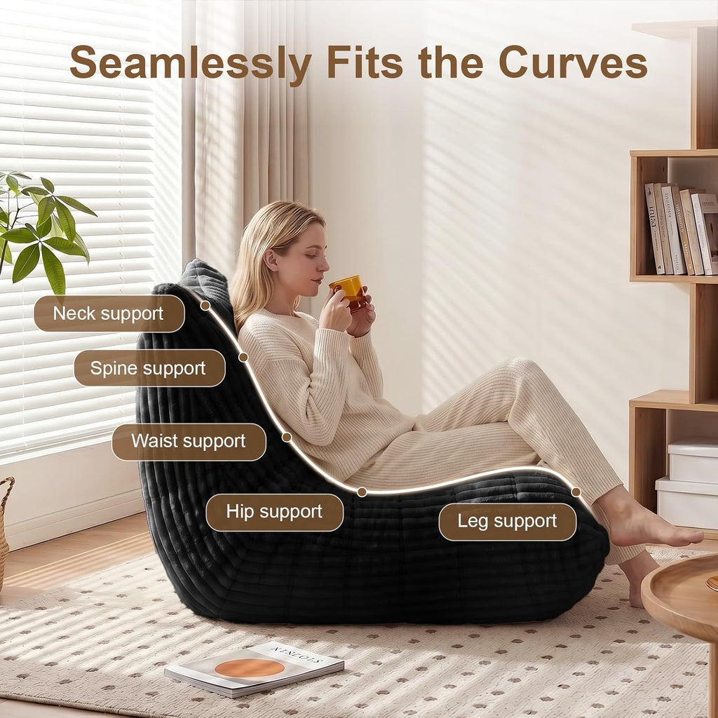 Bean Bag Chair with Lumbar Pillow, Gaint Bean Bag Chairs for Adults, Oversized Corduroy Beanbag Chair with Memory Foam Filled, Lazy Floor Sofa for Reading Gaming Living Room Bedroom (Black)