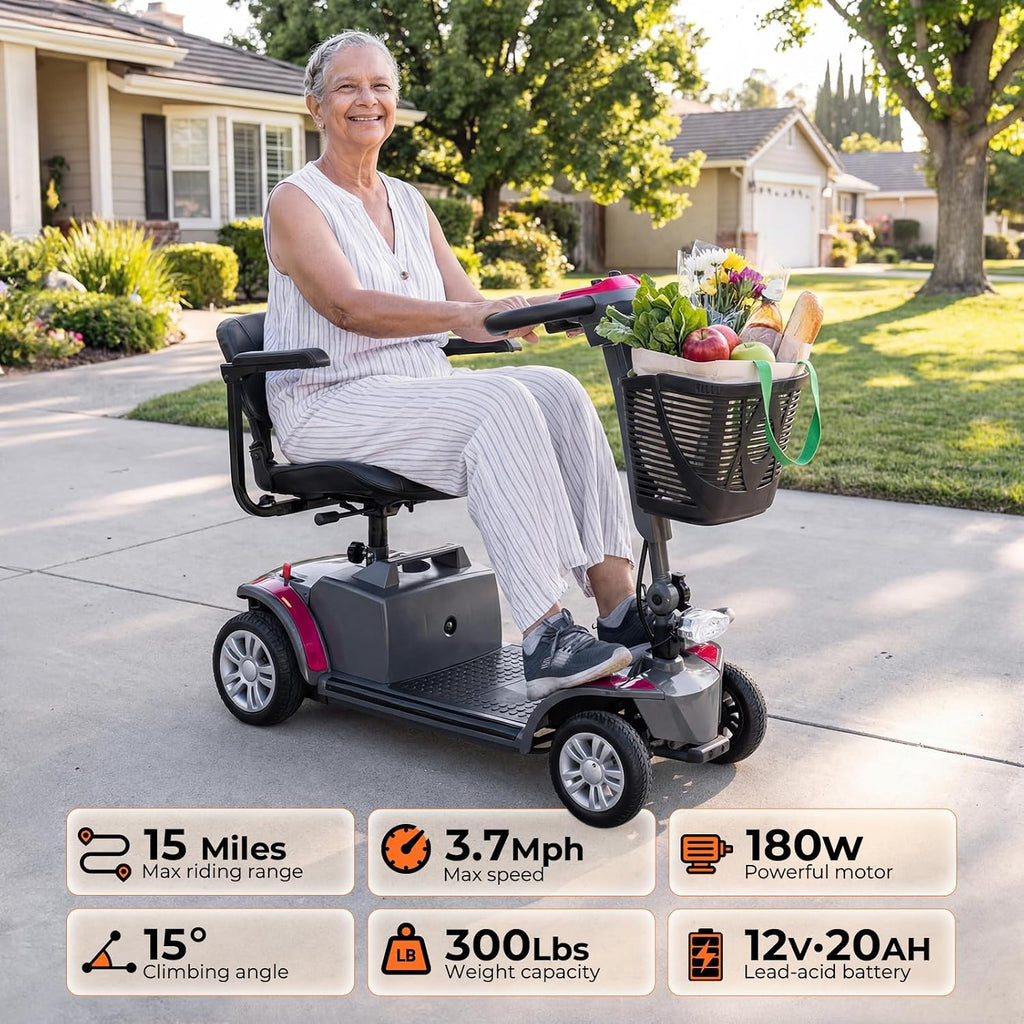 Mobility Scooter for Adults Senior,4 Wheels Electric Powered Scooter,Lightweight Mobility Scooter,with LED Headlights and Basket,Charger Included, Detachable Battery and Rotatable Seat (Grey-Purple)