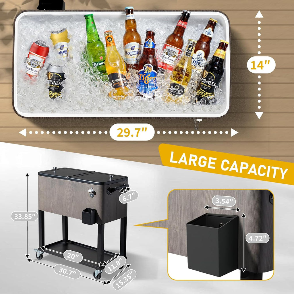 Outvita 80 Quart Rolling Ice Chest, Portable Bar Drink Cooler with Catch Basin, Bottom Storage Tray and Bottle Opener for Patio Party BBQ Beach Activities