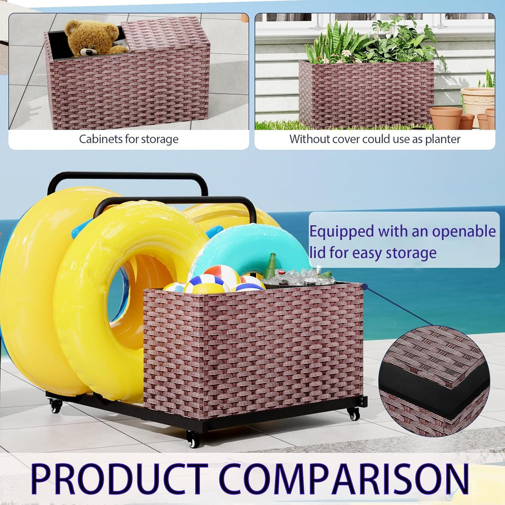 FONTOI Pool Storage, All-Weather Float Storage Organizer for Cushions, Pool Float Storage Bin with Wheels, Waterproof Metal with Rattan Pattern UV Print Outdoor Pool Towel Rack, Brown