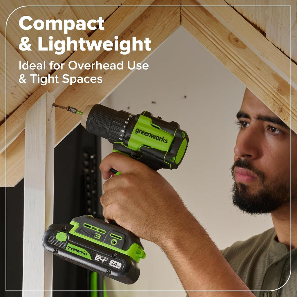 GREENWORKS 24V Combo (1/2' Drill + 1/4' Impact Driver + 6.5' Circular Saw + 200Lm Flashlight), 4.0Ah + 2.0Ah Batteries (24,000mAh PB), (2) Braided Cables, 65W Rapid Charger,High-Efficiency