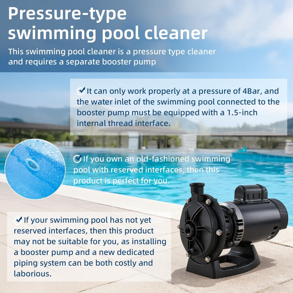 MAKHOON Upgrade Pool Pressure Side Sweeper: Professional Solution for Cleaning Your Swimming Pool (Four Wheels are Better Than Three) Need 1.5' Female Thread Pool Booster Pump Inlet, 4 Bar Pressure