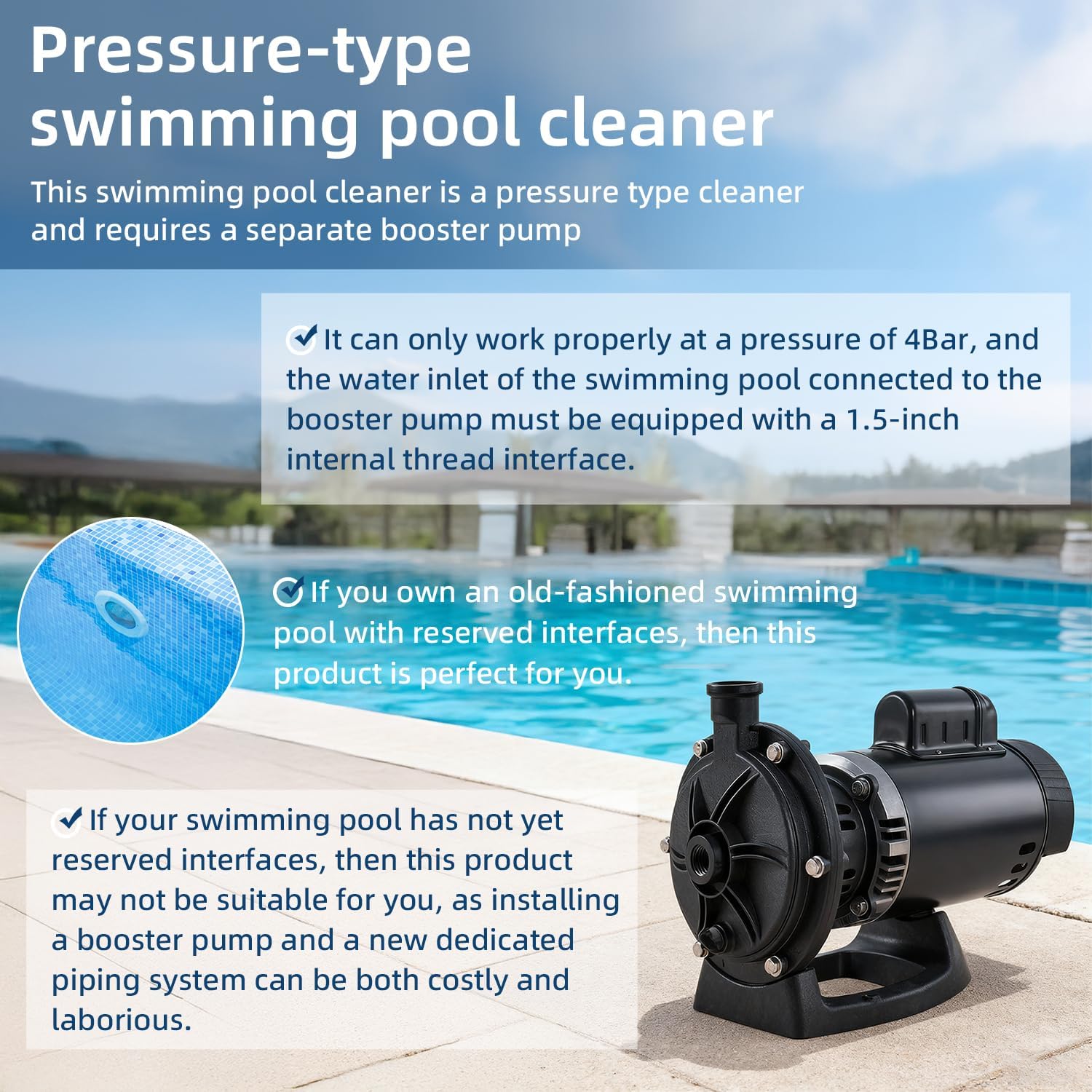 MAKHOON Upgrade Pool Pressure Side Sweeper: Professional Solution for Cleaning Your Swimming Pool (Four Wheels are Better Than Three) Need 1.5' Female Thread Pool Booster Pump Inlet, 4 Bar Pressure