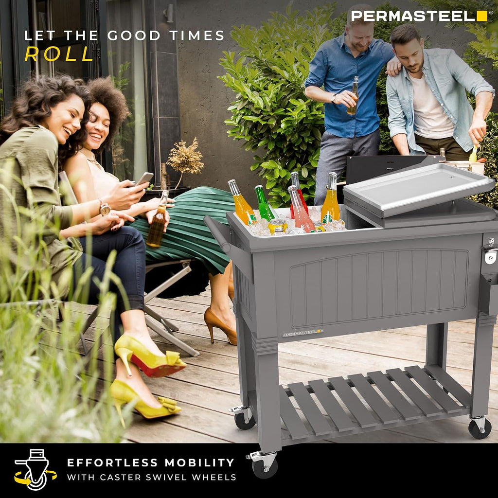 Permasteel Party Cooler with Divider, Spacious 80-Qt Capacity, Chills 36hrs, Serving Tray, Rolling Ice Chest for Indoor and Outdoor Entertainment, Matte Gray