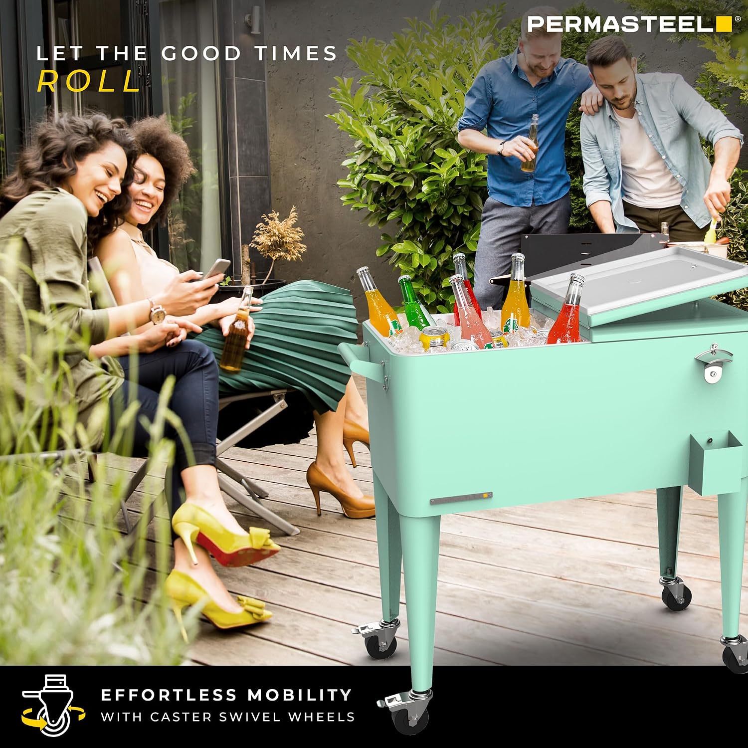 Permasteel 80-Qt Large Outdoor Patio Cooler with Wheels & Handles, Portable Rolling Hard Cooler for Outside, Retro Ice Cooler Cart, Beverage Can Coolers for Backyard Parties